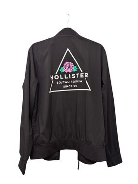 Hollister Black Bomber Jacket with Pink Rose Logo
